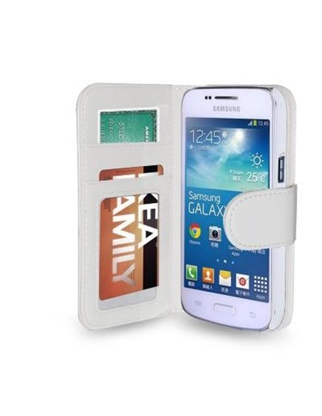 CUSTODIA FLIP ORIZZONTALE per SAMSUNG G3500 GALAXY CORE PLUS, G3502 GALAXY TREND 3 CON TASCHE PORTA CARTE COLORE BIANCO