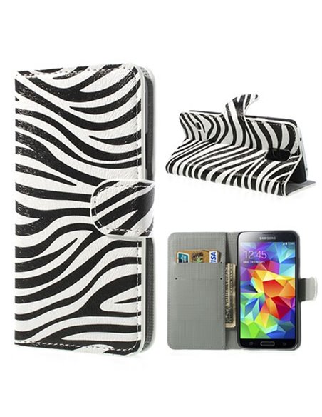 CUSTODIA FLIP ORIZZONTALE SIMILPELLE per SAMSUNG G900 GALAXY S5, GALAXY S5 NEO G903F CON STAND E PORTA CARTE FANTASIA ZEBRA