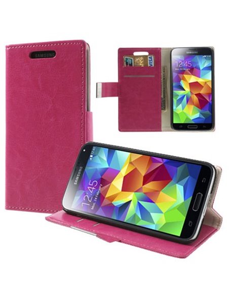 CUSTODIA FLIP ORIZZONTALE SIMILPELLE per SAMSUNG G900F GALAXY S5, S5 NEO G903F CON STAND E PORTA CARTE COLORE FUCSIA