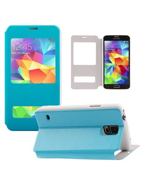 CUSTODIA FLIP ORIZZONTALE SIMILPELLE per SAMSUNG G900F GALAXY S5, S5 NEO G903F CON STAND E DOPPIA FINESTRA ID COLORE AZZURRO