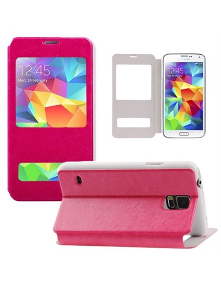 CUSTODIA FLIP ORIZZONTALE SIMILPELLE per SAMSUNG G900F GALAXY S5, S5 NEO G903F CON STAND E DOPPIA FINESTRA ID COLORE FUCSIA