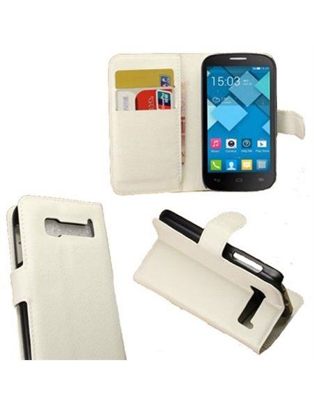 CUSTODIA FLIP ORIZZONTALE PELLE per ALCATEL ONE TOUCH POP C5 CON STAND E TASCHE PORTA CARTE COLORE BIANCO