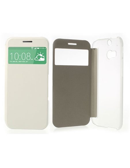 CUSTODIA FLIP ORIZZONTALE per HTC ONE 2 ( M8 ), ONE M8s CON FINESTRA ID COLORE BIANCO CON PARTE POSTERIORE RIGIDA TRASPARENTE