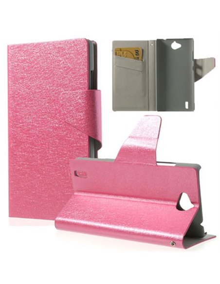 CUSTODIA FLIP ORIZZONTALE SLIM PELLE per HUAWEI ASCEND G740, ORANGE YUMO CON STAND E PORTA CARTE COLORE ROSA EFFETTO CROSS