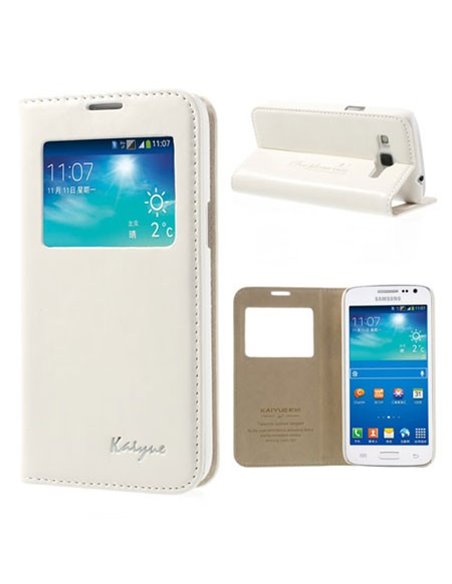 CUSTODIA FLIP ORIZZONTALE PELLE per SAMSUNG G3812 GALAXY WIN PRO CON FINESTRA ID, STAND E TASCHE PORTA CARTE COLORE BIANCO