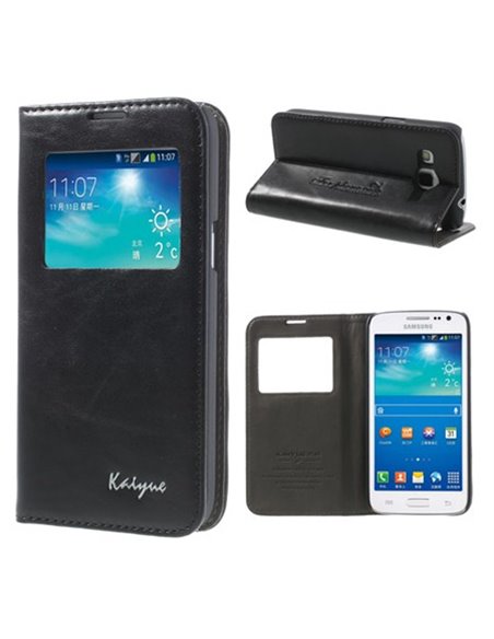 CUSTODIA FLIP ORIZZONTALE PELLE per SAMSUNG G3812 GALAXY WIN PRO CON FINESTRA ID, STAND E TASCHE PORTA CARTE COLORE NERO