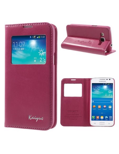 CUSTODIA FLIP ORIZZONTALE PELLE per SAMSUNG G3812 GALAXY WIN PRO CON FINESTRA ID, STAND E TASCHE PORTA CARTE COLORE FUCSIA