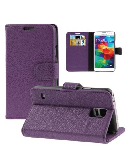 CUSTODIA FLIP ORIZZONTALE SIMILPELLE RUVIDA per SAMSUNG G900F GALAXY S5, S5 NEO G903F CON STAND E PORTA CARTE COLORE VIOLA