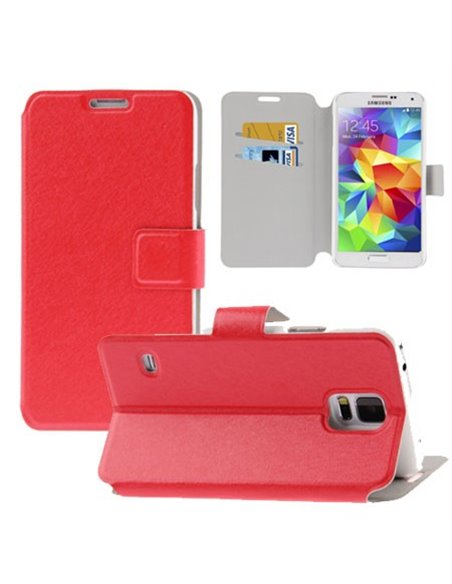 CUSTODIA FLIP ORIZZONTALE per SAMSUNG G900F GALAXY S5, GALAXY S5 NEO G903F CON STAND E PORTA CARTE COLORE ROSSO EFFETTO CROSS