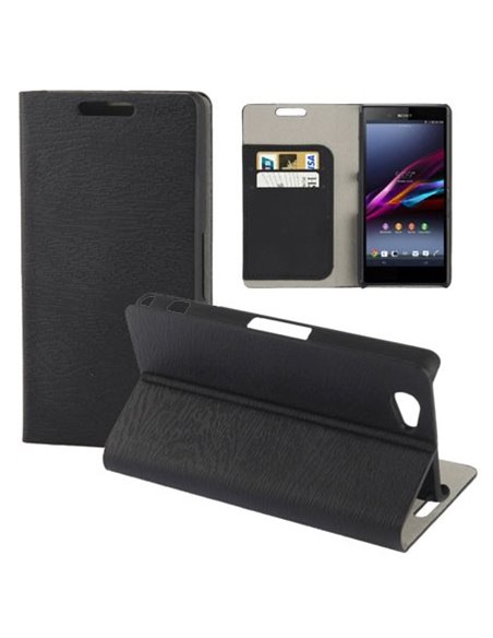 CUSTODIA FLIP ORIZZONTALE PELLE per SONY XPERIA Z1 COMPACT CON STAND E TASCHE PORTA CARTE COLORE NERO EFFETTO LEGNO