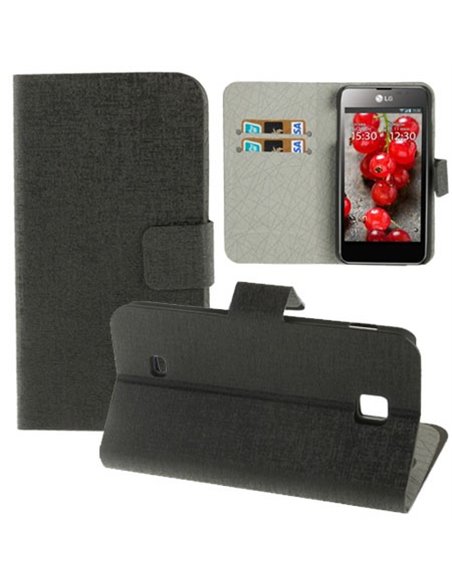 CUSTODIA FLIP ORIZZONTALE PELLE per LG OPTIMUS F5, P875 CON STAND E PORTA CARTE COLORE NERO EFFETTO CROSS