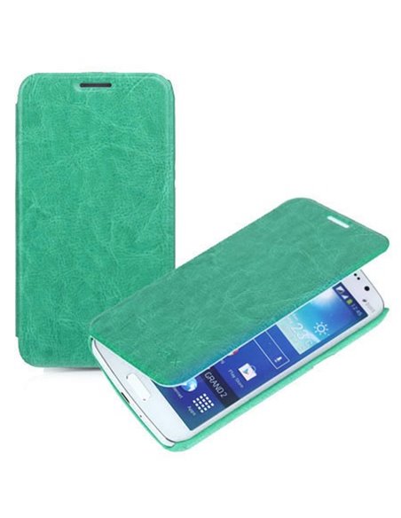 CUSTODIA FLIP ORIZZONTALE PELLE per SAMSUNG G7106 GALAXY GRAND 2, G7100, G7102, G7105 CON PORTA CARTE VERDE ACQUA BLISTER ENLAND