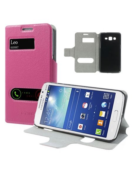 CUSTODIA FLIP ORIZZONTALE SLIM per SAMSUNG G7106 GALAXY GRAND 2 CON DOPPIA FINESTRA ID E STAND COLORE ROSA