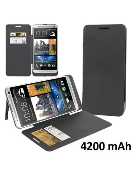 BATTERIA ESTERNA CON FLIP COVER INTEGRATA,STAND e TASCHE PORTA CARTE per HTC ONE MAX 4200 mAh COLORE NERO