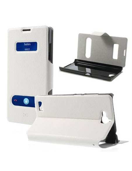 CUSTODIA FLIP ORIZZONTALE SLIM per HUAWEI HONOR 3C CON DOPPIA FINESTRA ID E STAND COLORE BIANCO