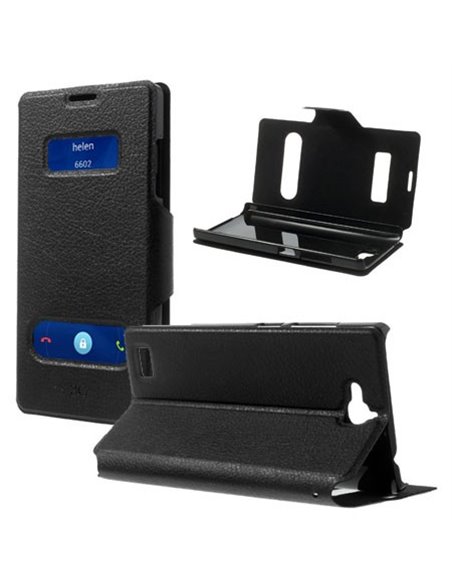 CUSTODIA FLIP ORIZZONTALE SLIM per HUAWEI HONOR 3C CON DOPPIA FINESTRA ID E STAND COLORE NERO