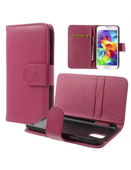 CUSTODIA FLIP ORIZZONTALE SIMILPELLE per SAMSUNG G900F GALAXY S5, GALAXY S5 NEO G903F CON TASCHE PORTA CARTE COLORE FUCSIA