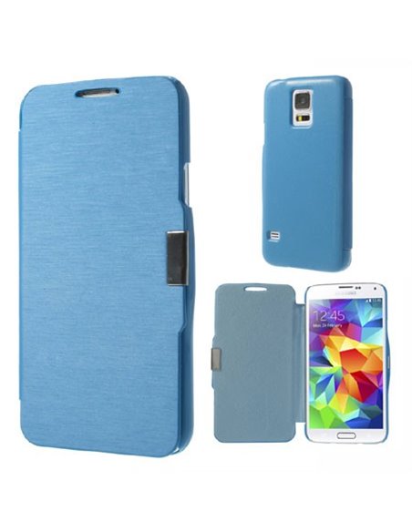 CUSTODIA FLIP ORIZZONTALE per SAMSUNG G900F GALAXY S5, GALAXY S5 NEO G903F, GALAXY S5 PLUS COLORE AZZURRO EFFETTO SPAZZOLATO