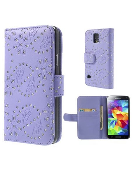 CUSTODIA FLIP ORIZZONTALE SIMILPELLE per SAMSUNG G900 GALAXY S5, S5 NEO CON PORTA CARTE FANTASIA FIORI CON STRASS VIOLA