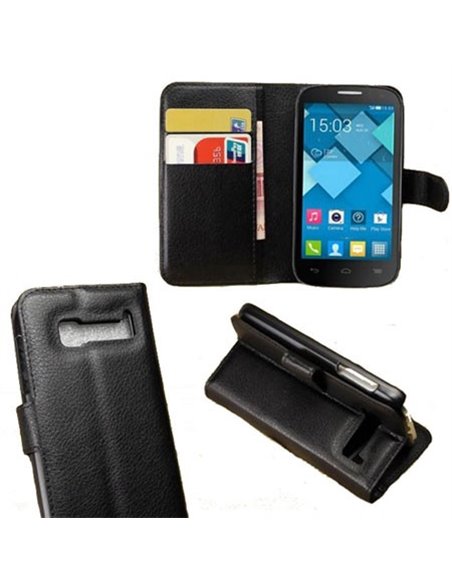 CUSTODIA FLIP ORIZZONTALE PELLE per ALCATEL ONE TOUCH POP C5 CON STAND E TASCHE PORTA CARTE COLORE NERO