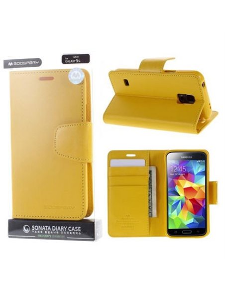 CUSTODIA FLIP ORIZZONTALE PELLE per SAMSUNG G900 GALAXY S5, S5 NEO CON INTERNO IN TPU SILICONE E STAND GIALLO SONATA BLISTER