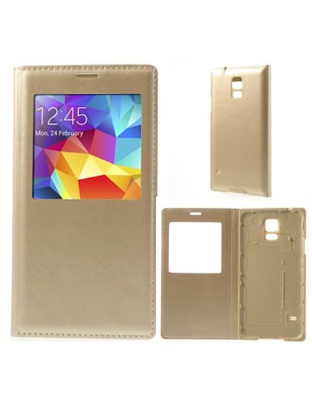 CUSTODIA FLIP COVER ORIZZONTALE SIMILPELLE per SAMSUNG G900F GALAXY S5, GALAXY S5 NEO G903F, S5 PLUS CON FINESTRA ID COLORE ORO