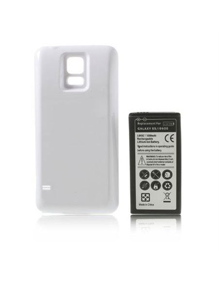 BATTERIA 6500 mAh + COVER COLORE BIANCO per SAMSUNG G900 GALAXY S5, I9600