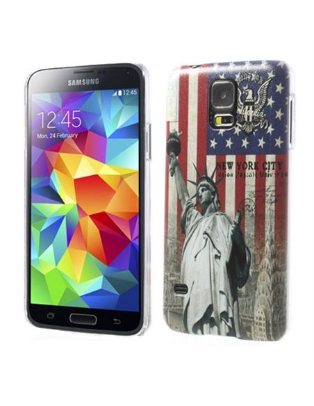 CUSTODIA BACK RIGIDA per SAMSUNG G900F GALAXY S5, GALAXY S5 NEO G903F, GALAXY S5 PLUS FANTASIA USA CON STATUA DELLA LIBERTA'