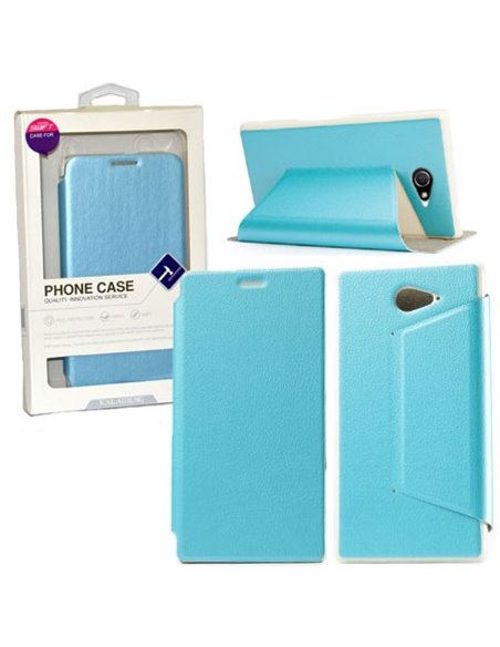 CUSTODIA FLIP ORIZZONTALE PELLE per SONY XPERIA M2 CON STAND COLORE AZZURRO BLISTER SWIFT