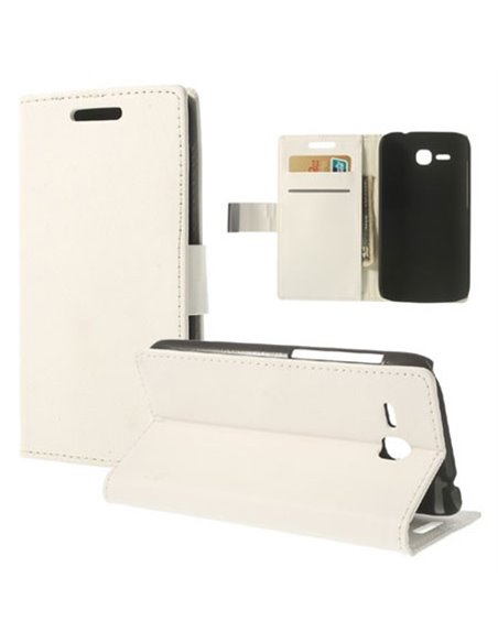 CUSTODIA FLIP ORIZZONTALE PELLE per HUAWEI ASCEND Y600 CON STAND E TASCHE PORTA CARTE COLORE BIANCO