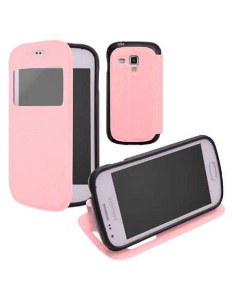 CUSTODIA FLIP ORIZZONTALE PELLE per SAMSUNG S7562 GALAXY S DUOS, S7560 GALAXY TREND, S7580 CON FINESTRA ID E INTERNO IN TPU ROSA