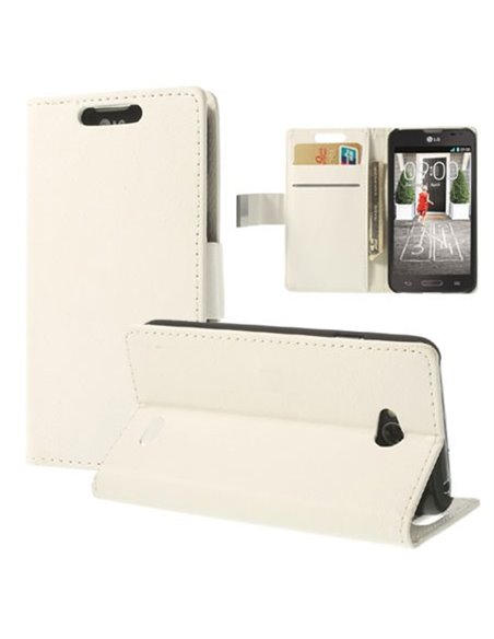 CUSTODIA FLIP ORIZZONTALE PELLE per LG L70 D320N, L70 DUAL SIM D325 CON STAND E TASCHE PORTA CARTE COLORE BIANCO