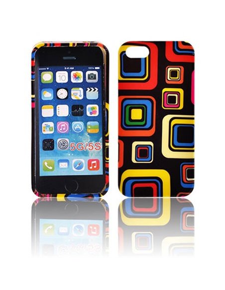 CUSTODIA GEL TPU SILICONE per APPLE IPHONE 5, 5S FANTASIA QUADRI COLORATI SU SFONDO NERO