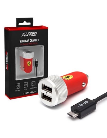 CARICATORE AUTO 2100mAh CON 2 PORTE USB + CAVO MICRO USB CARICA AD ALTA VELOCITA' COLORE ROSSO FERRARI BLISTER