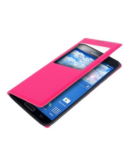 CUSTODIA FLIP COVER ORIZZONTALE per SAMSUNG G900F GALAXY S5, GALAXY S5 NEO G903F CON FINESTRA ID COLORE ROSA