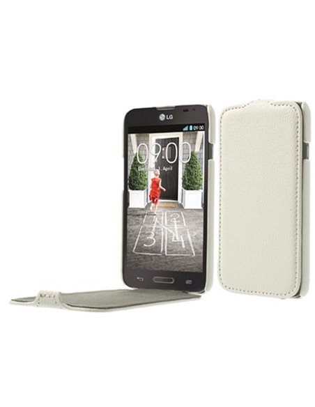 CUSTODIA FLIP VERTICALE ULTRA SLIM PELLE per LG L70 D320N, L70 DUAL SIM D325 COLORE BIANCO