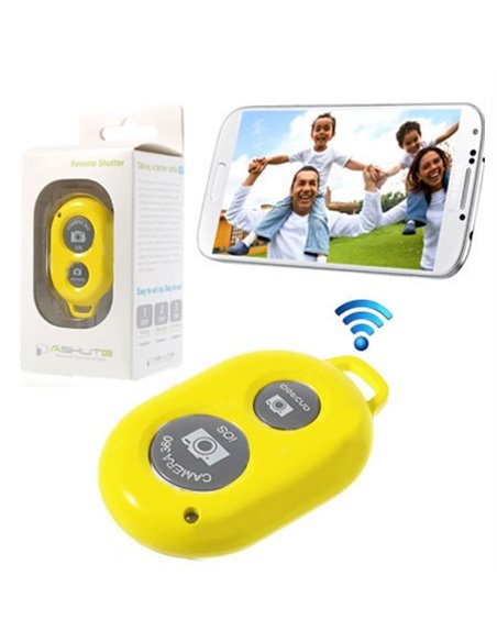 TELECOMANDO BLUETOOTH AUTOSCATTO FOTOCAMERA PER ANDROID E IOS FINO A 10MT COLORE GIALLO SEGUE COMPATIBILITA'...