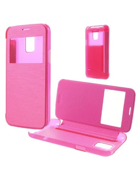 CUSTODIA FLIP ORIZZONTALE PELLE per SAMSUNG G800 GALAXY S5 MINI CON FINESTRA ID E PARTE POSTERIORE RIGIDA TRASPARENTE ROSA