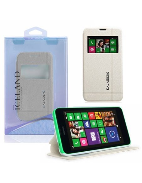 CUSTODIA FLIP ORIZZONTALE per NOKIA LUMIA 630 CON STAND E FINESTRA ID COLORE BIANCO EFFETTO CROSS ICELAND II BLISTER