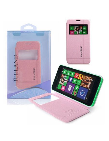 CUSTODIA FLIP ORIZZONTALE per NOKIA LUMIA 630 CON STAND E FINESTRA ID COLORE ROSA EFFETTO CROSS ICELAND II BLISTER