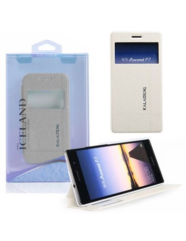 CUSTODIA FLIP ORIZZONTALE per HUAWEI ASCEND P7 CON STAND E FINESTRA ID COLORE BIANCO EFFETTO CROSS ICELAND II BLISTER
