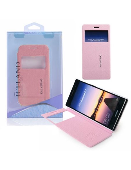 CUSTODIA FLIP ORIZZONTALE per HUAWEI ASCEND P7 CON STAND E FINESTRA ID COLORE ROSA EFFETTO CROSS ICELAND II BLISTER