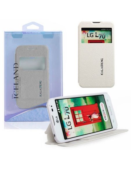 CUSTODIA FLIP ORIZZONTALE per LG L70 D320N, L70 DUAL SIM D325 CON STAND E FINESTRA ID BIANCO EFFETTO CROSS ICELAND II BLISTER