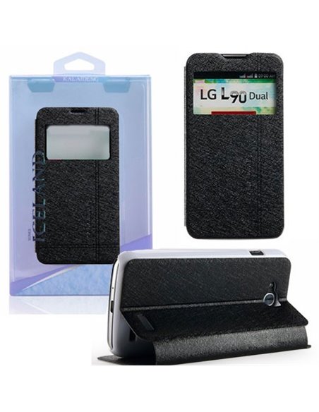 CUSTODIA FLIP ORIZZONTALE per LG L90 DUAL D410 CON STAND E FINESTRA ID COLORE NERO EFFETTO CROSS ICELAND II