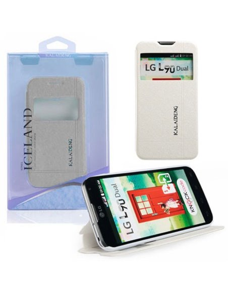 CUSTODIA FLIP ORIZZONTALE per LG L90 DUAL D410 CON STAND E FINESTRA ID COLORE BIANCO EFFETTO CROSS ICELAND II