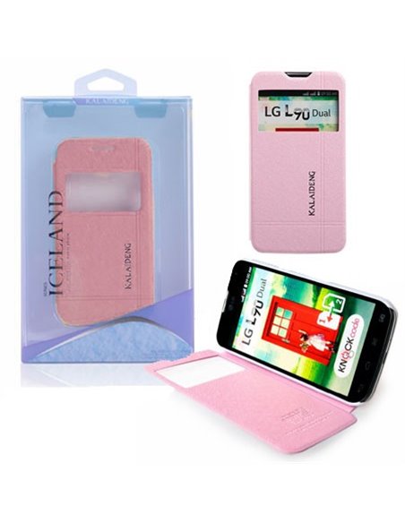 CUSTODIA FLIP ORIZZONTALE per LG L90 DUAL D410 CON STAND E FINESTRA ID COLORE ROSA EFFETTO CROSS ICELAND II