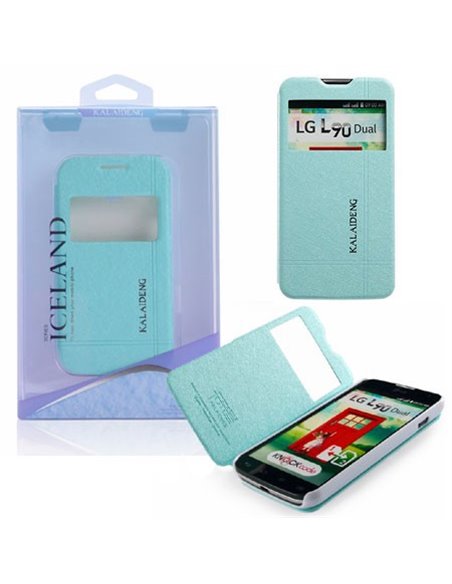 CUSTODIA FLIP ORIZZONTALE per LG L90 DUAL D410 CON STAND E FINESTRA ID COLORE AZZURRO EFFETTO CROSS ICELAND II