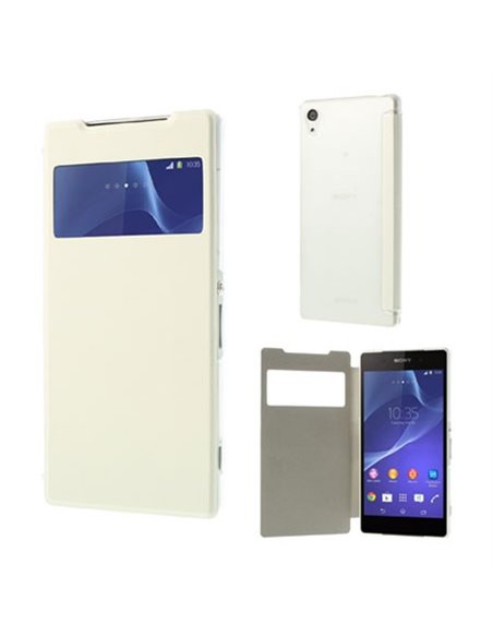 CUSTODIA FLIP ORIZZONTALE PELLE per SONY XPERIA Z2 CON FINESTRA ID E PARTE POSTERIORE RIGIDA TRASPARENTE BIANCO