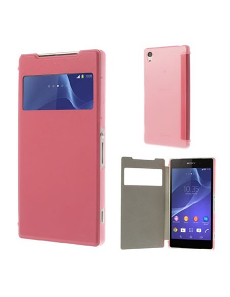 CUSTODIA FLIP ORIZZONTALE PELLE per SONY XPERIA Z2 CON FINESTRA ID E PARTE POSTERIORE RIGIDA TRASPARENTE ROSA