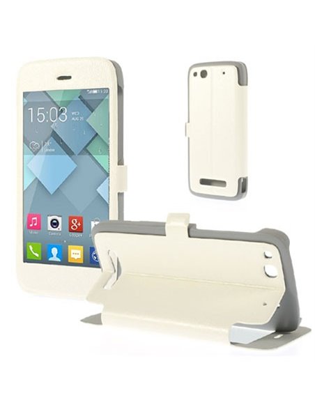 CUSTODIA FLIP ORIZZONTALE PELLE per ALCATEL ONE TOUCH IDOL ALPHA 6032, S860 CON FINESTRA GRANDE E STAND COLORE BIANCO